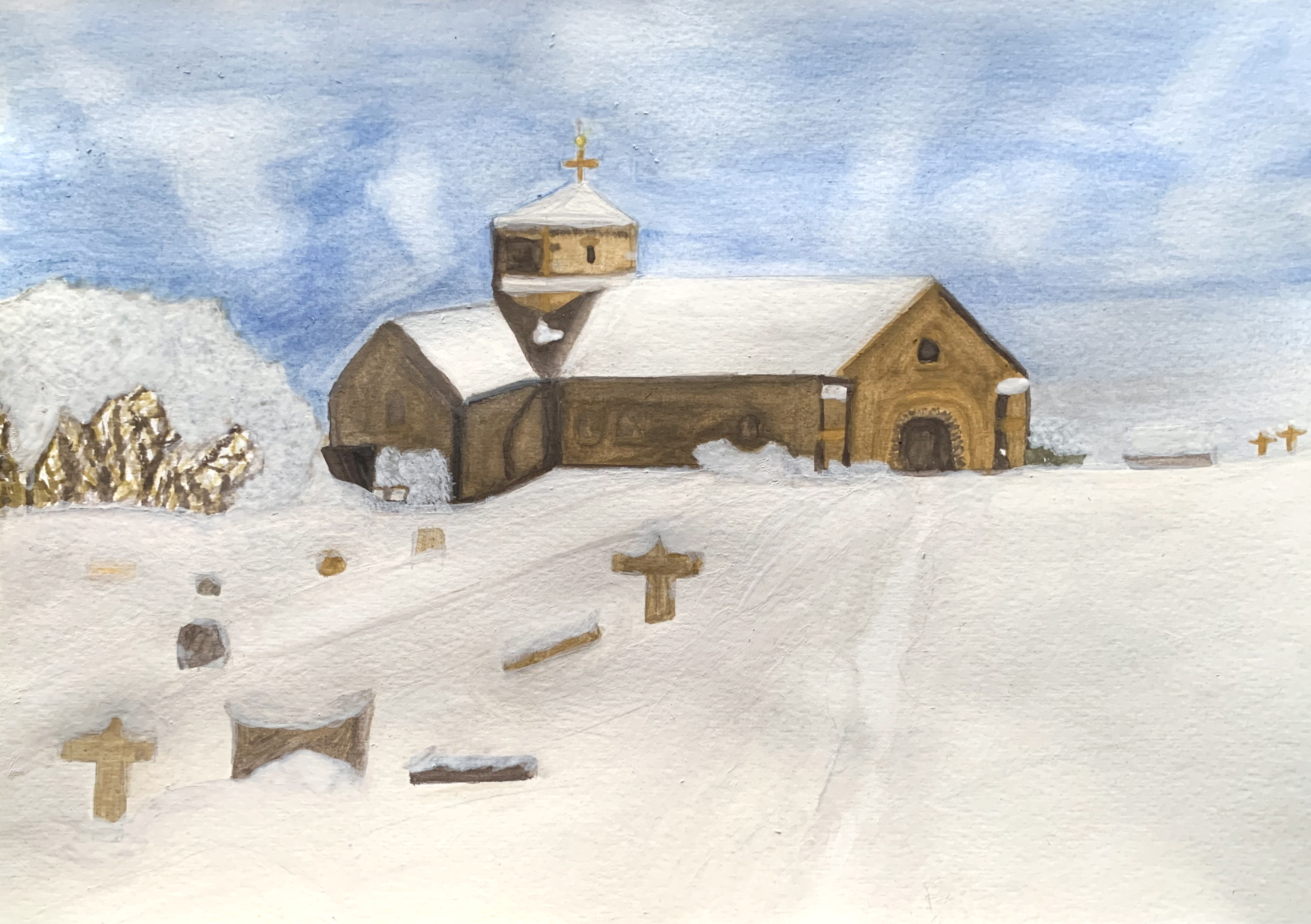 Church in snow scene painting by HMP Send Our Time artist Anouska