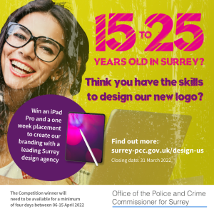 Happy smiling girl in glasses alongside decorative font and iPad and Apple Pencil pop up. Win an iPad Pro and a one week placement tocreate our branding with a leading Surrey design agency. Find out more www.surrey-pcc.gov.uk/design-us