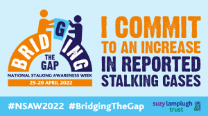 National Stalking Awareness Week graphic with Suzy Lamplugh Trust campaign hashtag bridging the gap. I commit to an increase in reported stalking cases