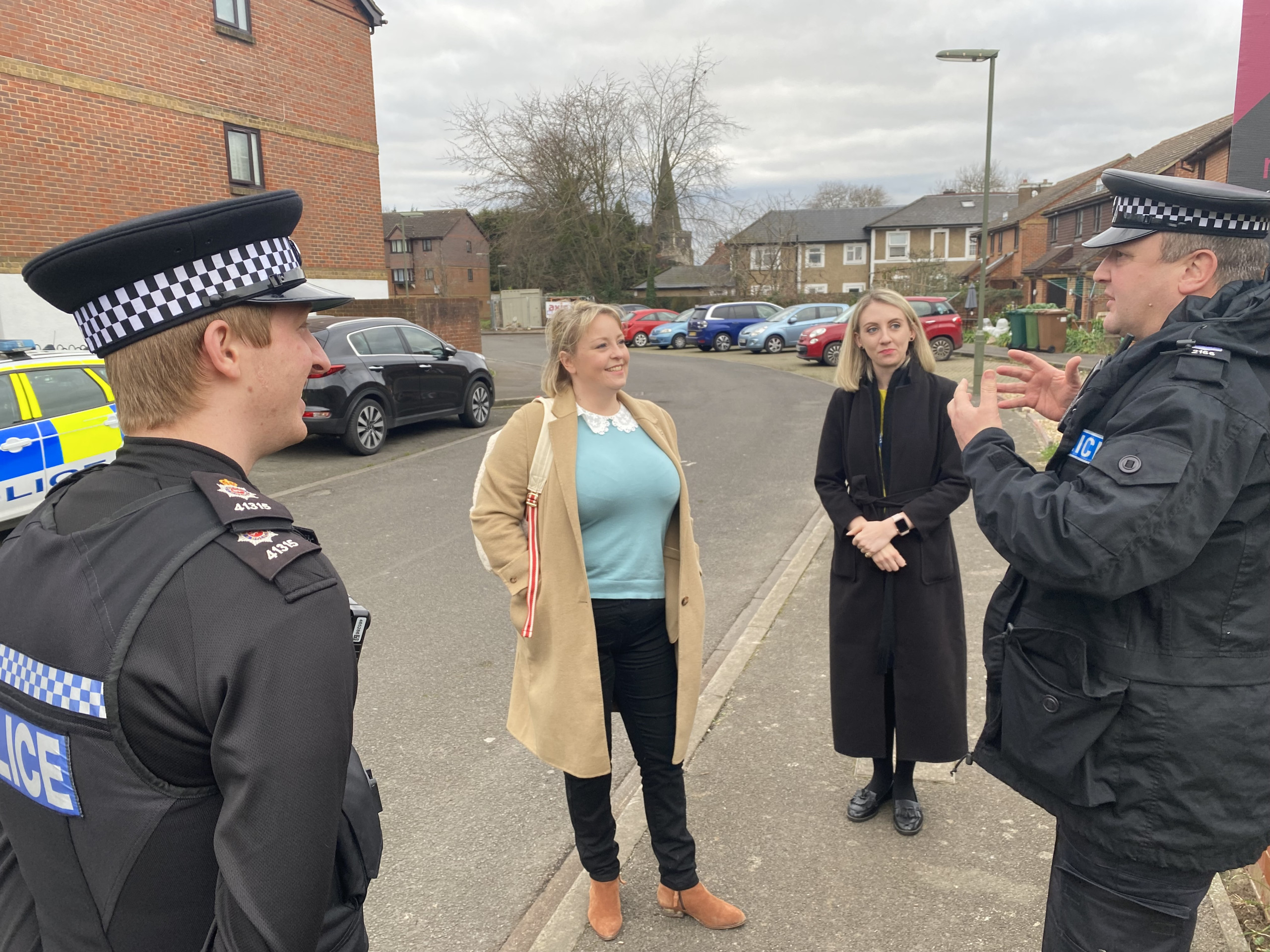 Police and Crime Commissioner Lisa Townsend and Deputy Police and Crime Commissioner Ellie Vesey-Thompson speaking with local police officers