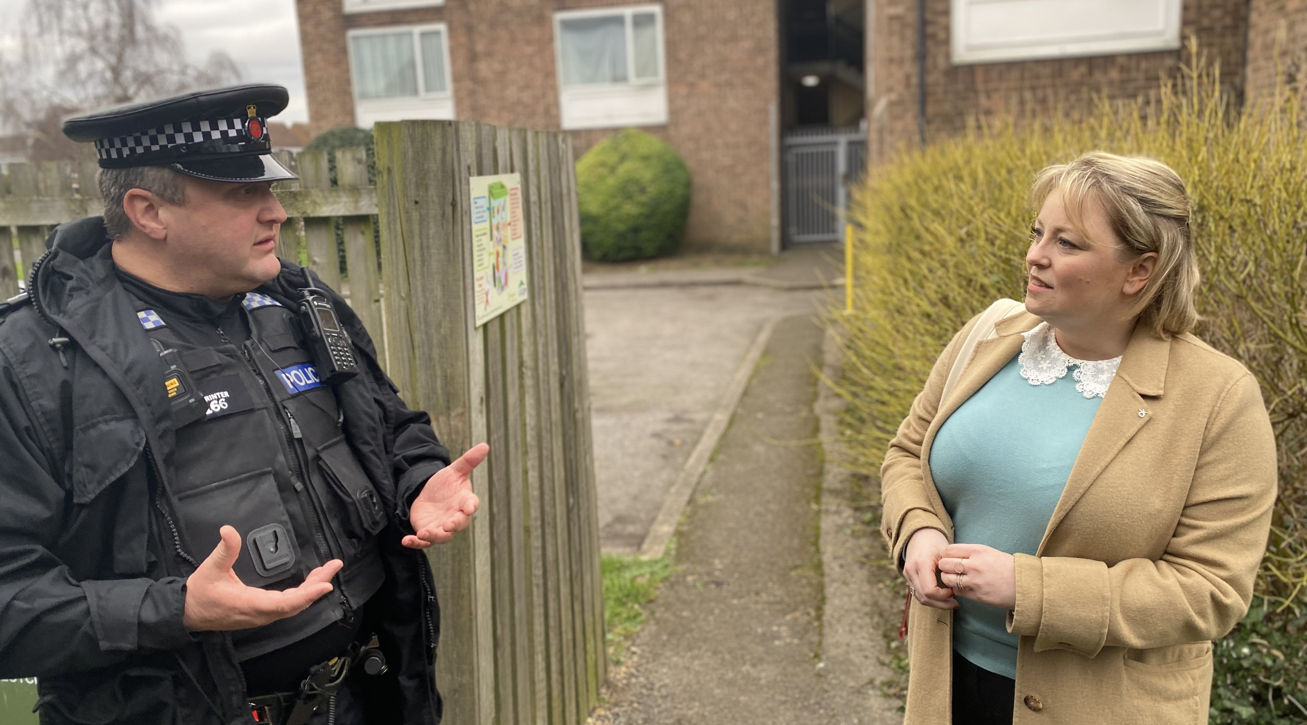 Police and Crime Commissioner Lisa Townsend with local police officer in Stanwell