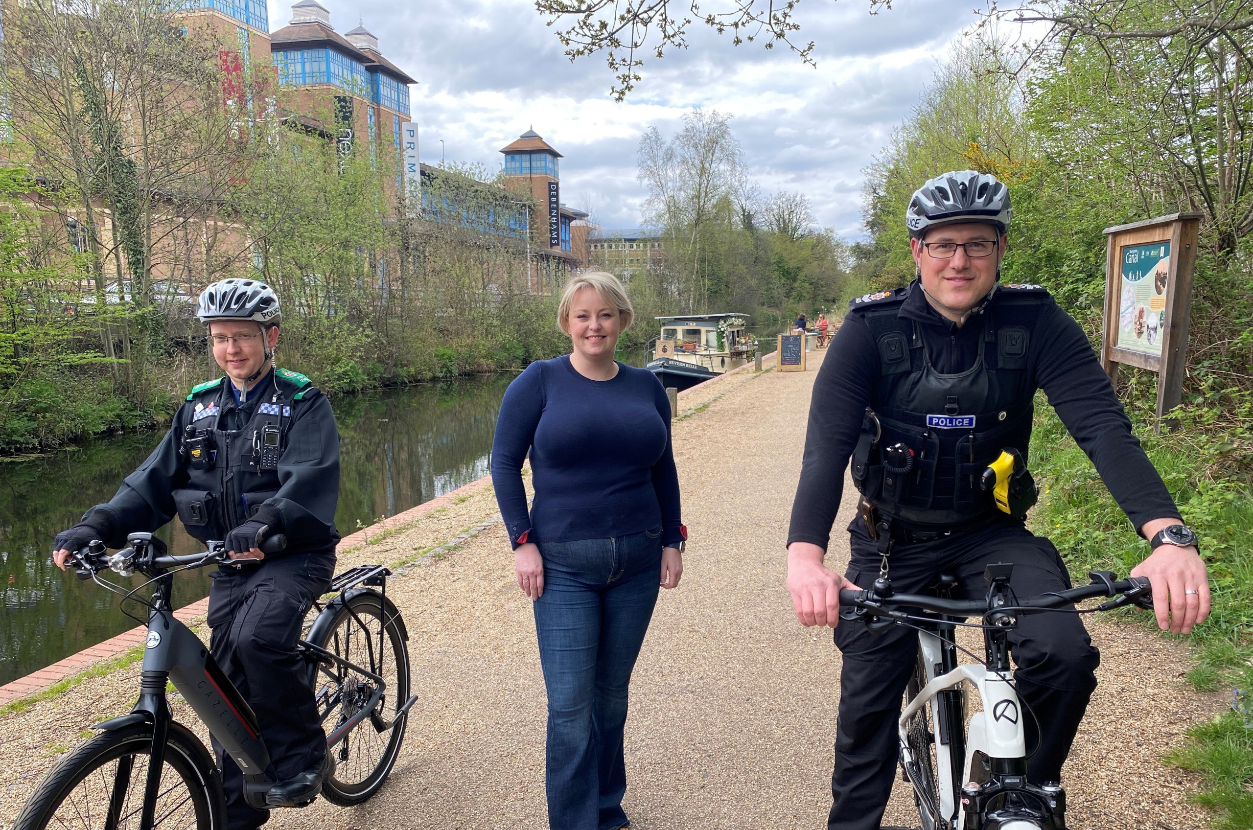 Police and Crime Commissioner Lisa Townsend with local police officers on bikes next to the Woking canal