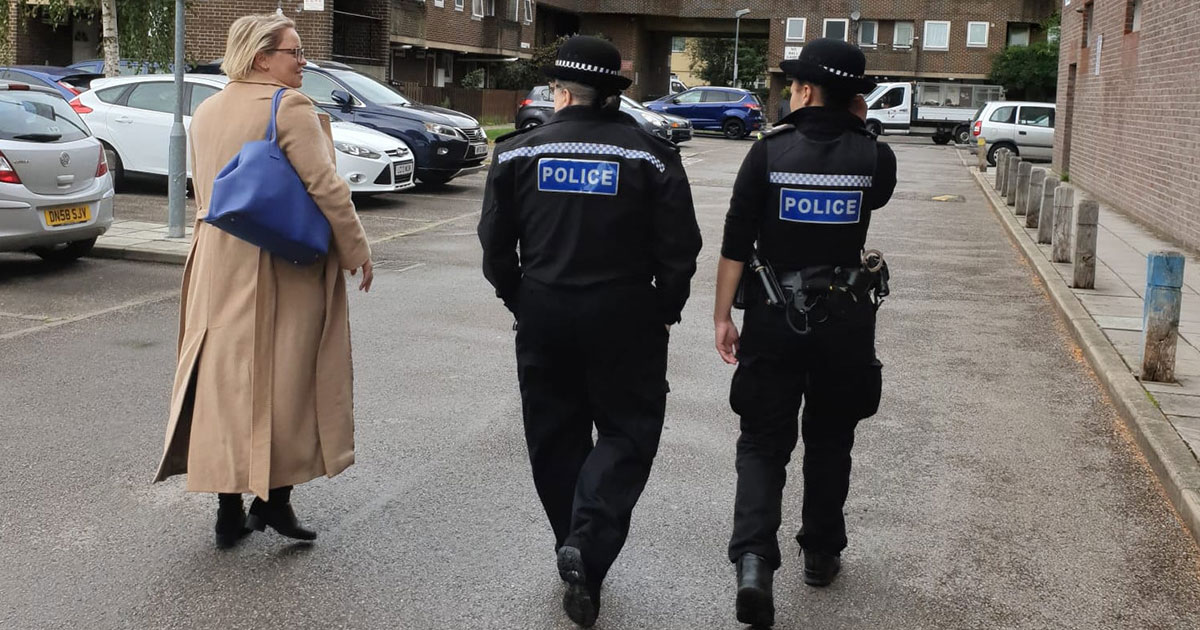 Police and Crime Commissioner Lisa Townsend with two female police officers on patrol