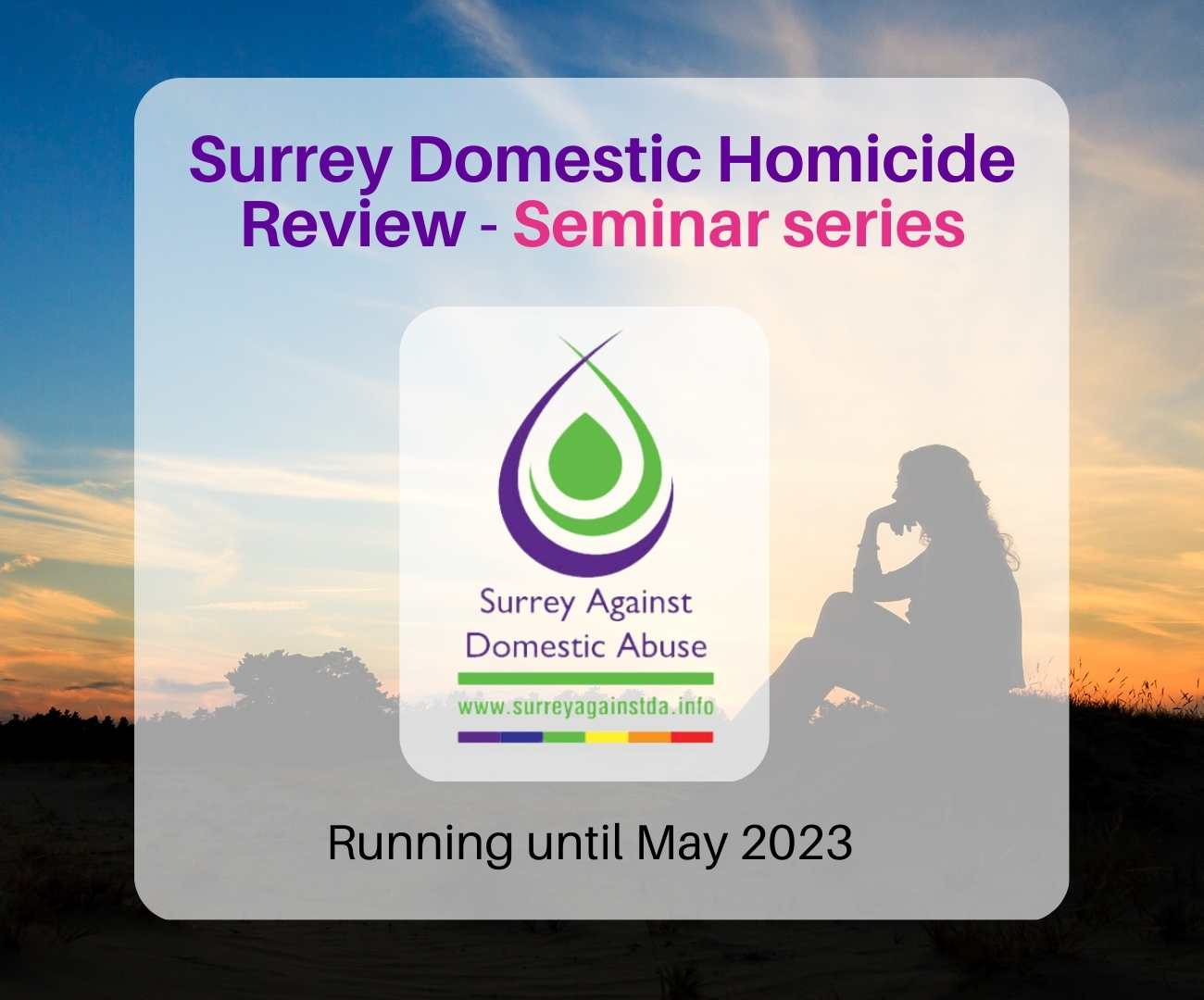 Surrey Against Domestic Abuse logo and advert for Surrey Domestic Homicide Review Seminars