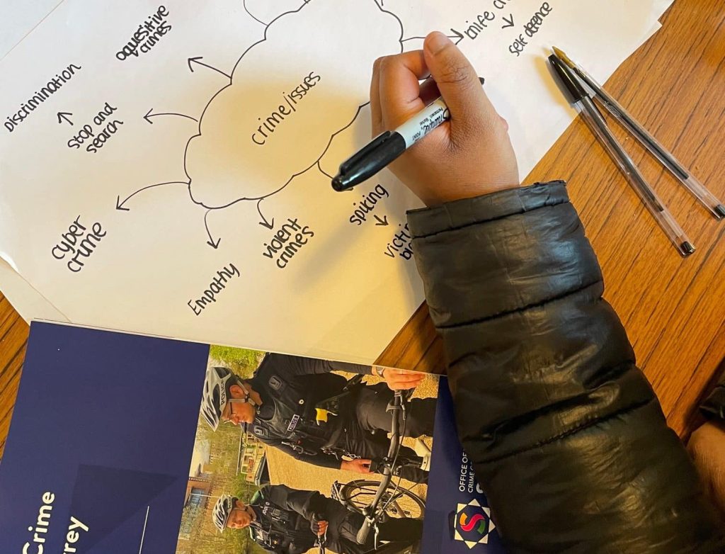 young persons hand writing on a sheet showing a diagram of ideas for the Surrey Youth Commission, next to a copy of the Police and Crime Plan for the county.