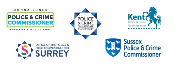 Logos of the Offices of the Police and Crime Commissioners for Hampshire and the Isle of Wight, Thames Valley, Surrey, Sussex and Kent.