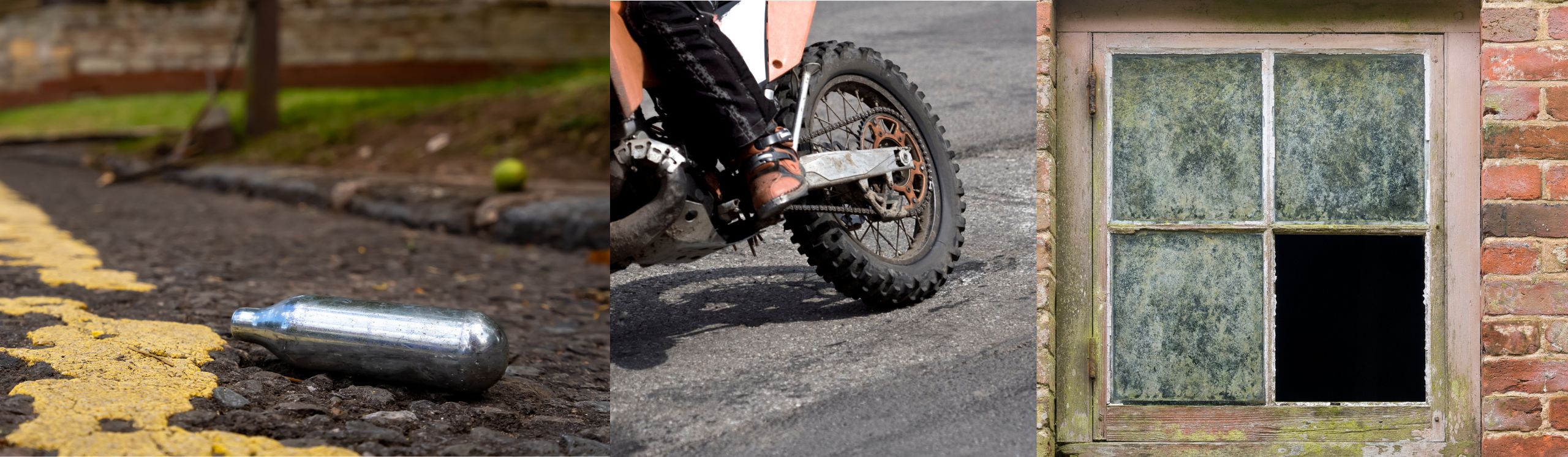 nitrous cannister, dirt motorcycle on road and broken window