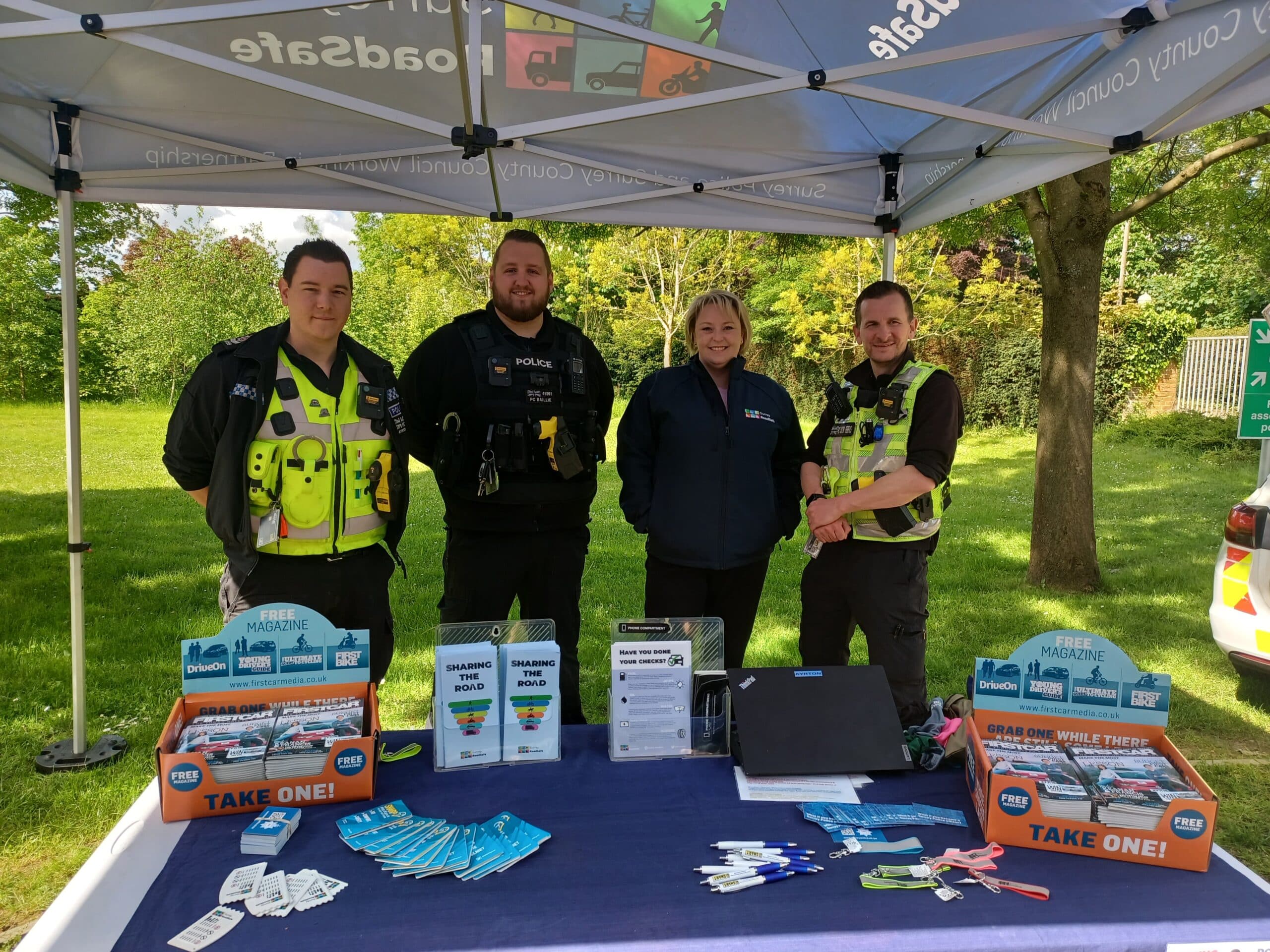 Police and Crime Commissioner Lisa Townsend with members of the Surrey Police road safety team at an awareness raising stall