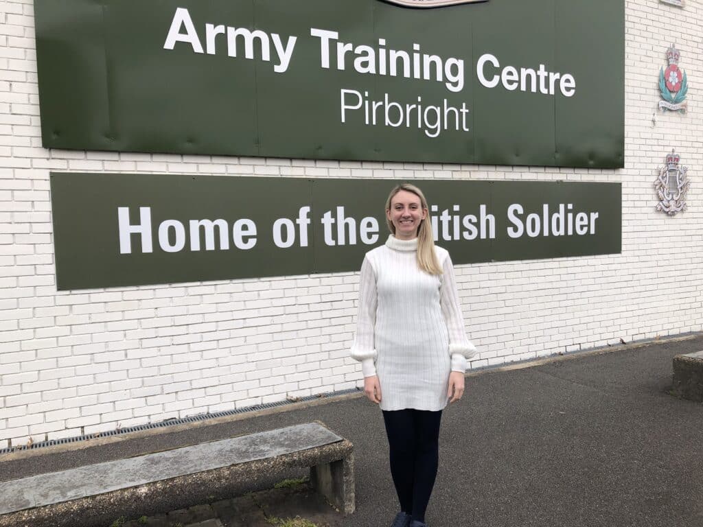 Deputy Police and Crime Commissioner for Surrey Ellie Vesey-Thompson standing in front of the Army Training Centre in Pirbright Surrey