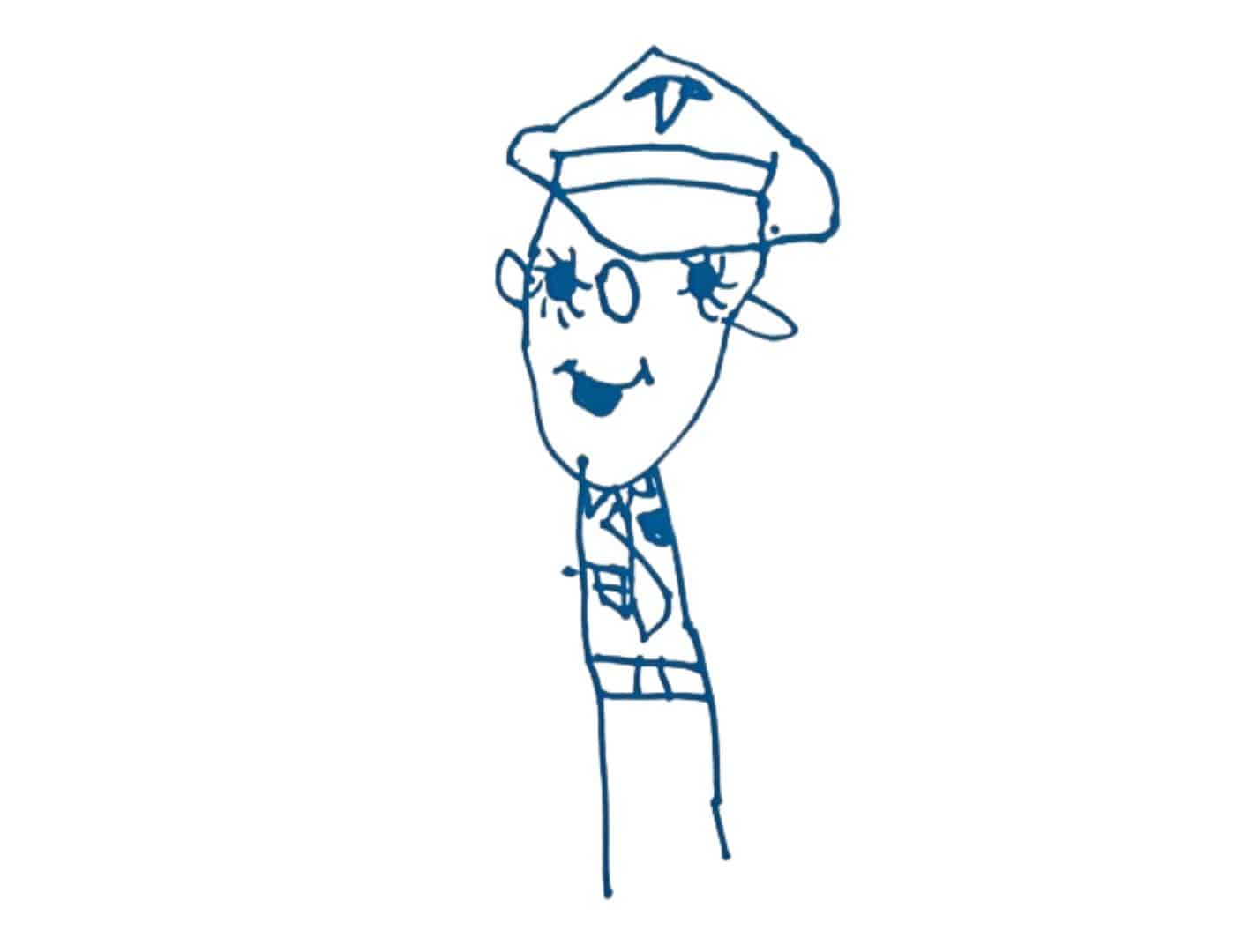 Six year old child's line drawing in blue pen of a police officer on white background.