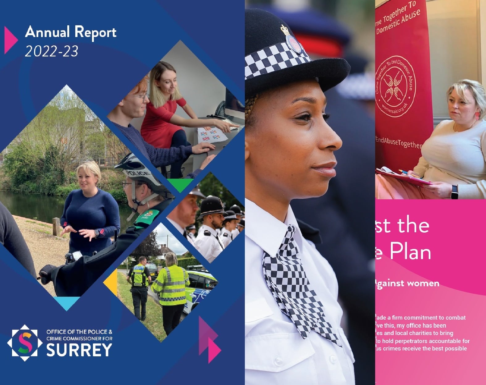Front cover of the Office of the Police and Crime Commissioner's Annual Report with image of pages from the report placed behind