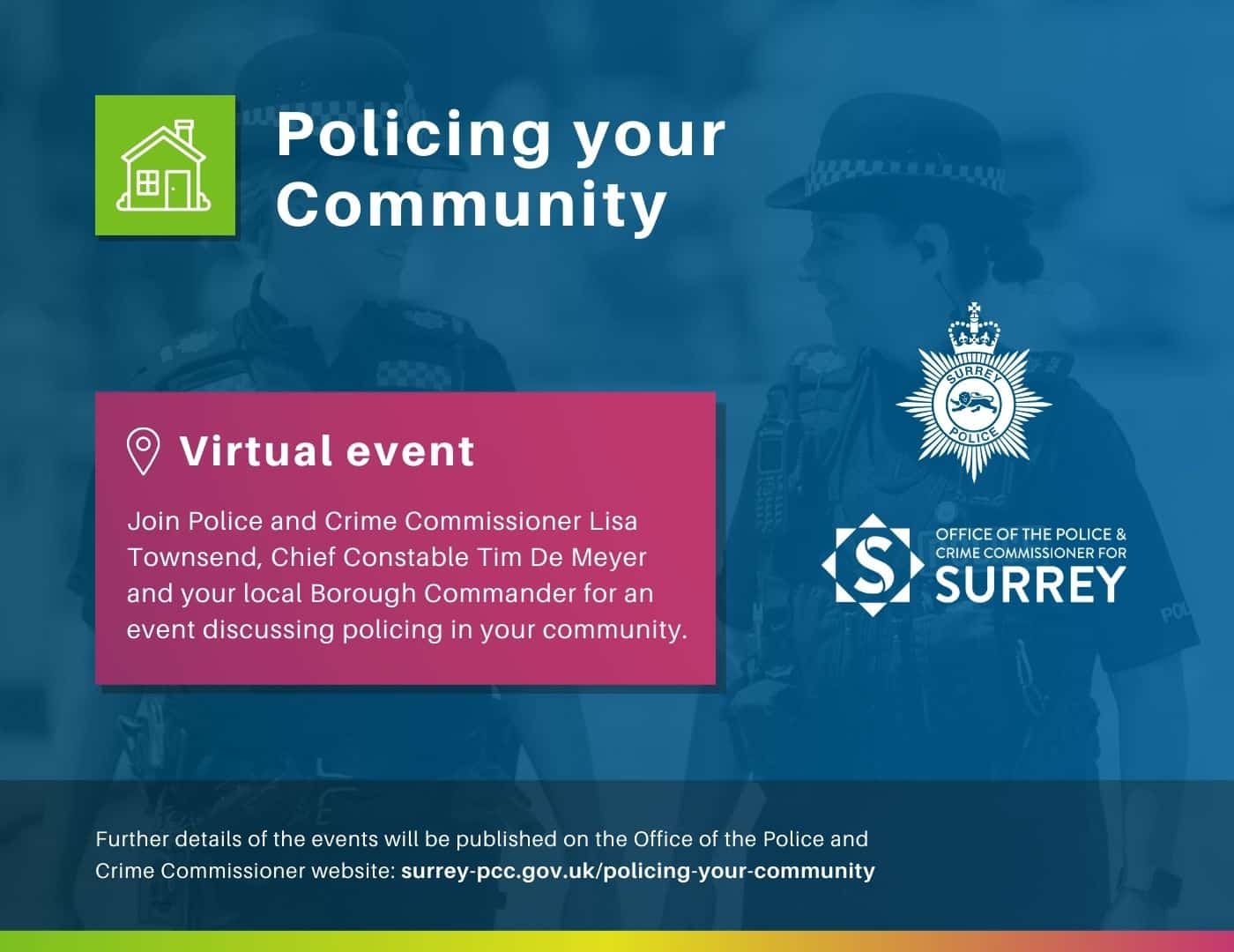 tmavě modrý banner pro akce „Policing your Community“ s logy Úřadu policie a kriminálního komisaře a Surrey Police