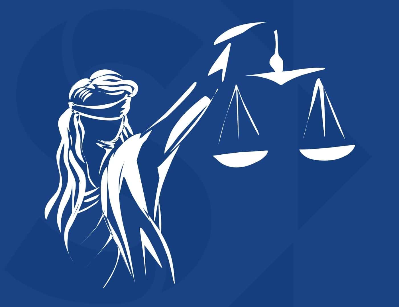 white image of the lady of justice holding scales forward in front of a deep blue background
