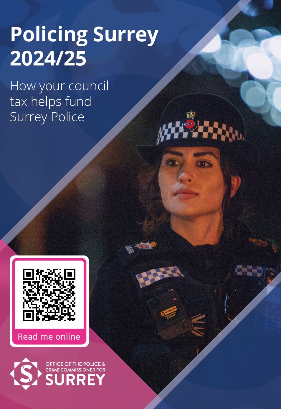 Front cover of Council tax leaflet 2024 2025 with image of smart female police officer in full uniform at night