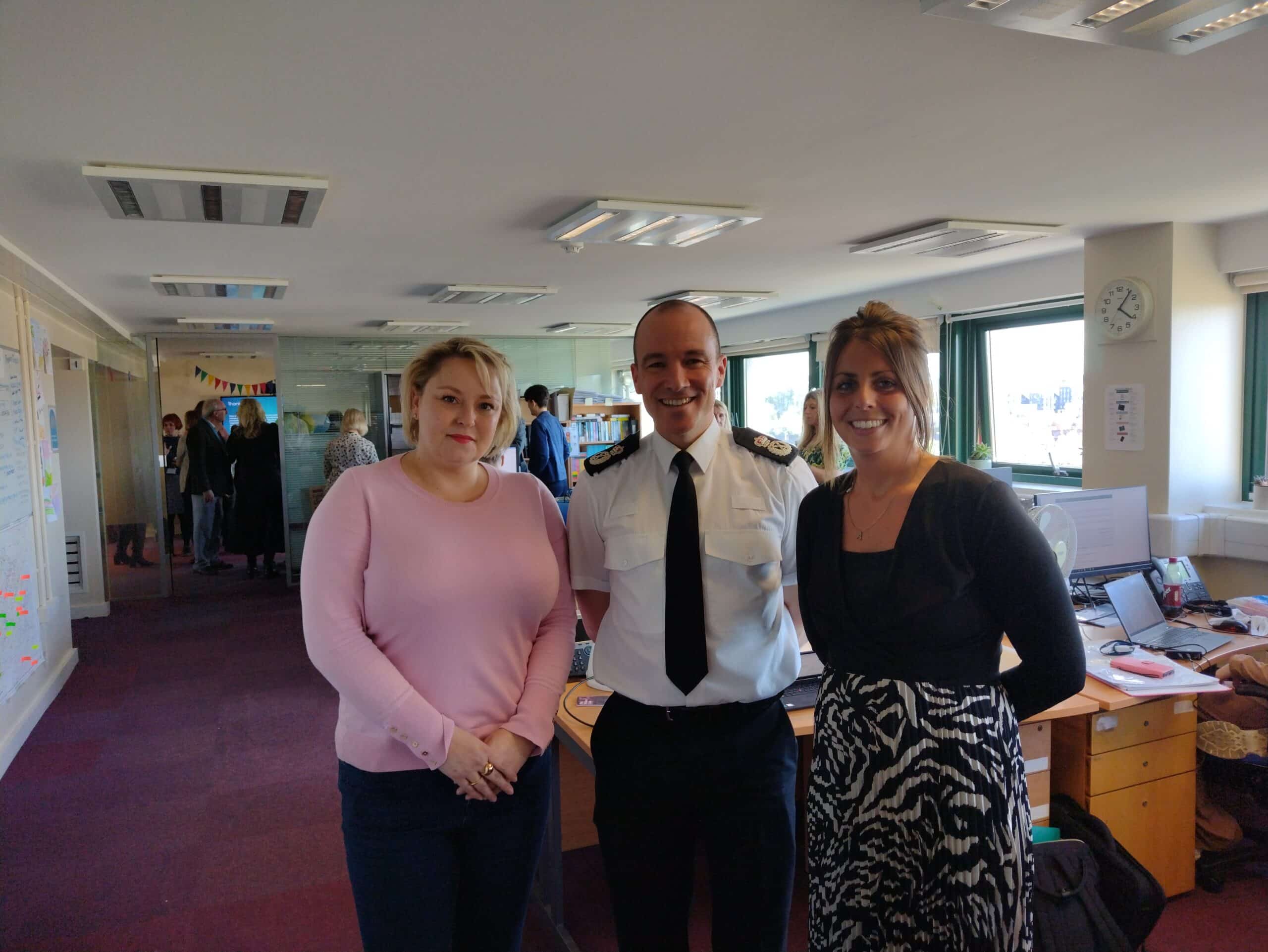 Police and Crime Commissioner Lisa Townsend with the Chief Constable of Surrey Police and the Head of the Victim and Witness Care Unit at the VWCU office in Guildford Police Station