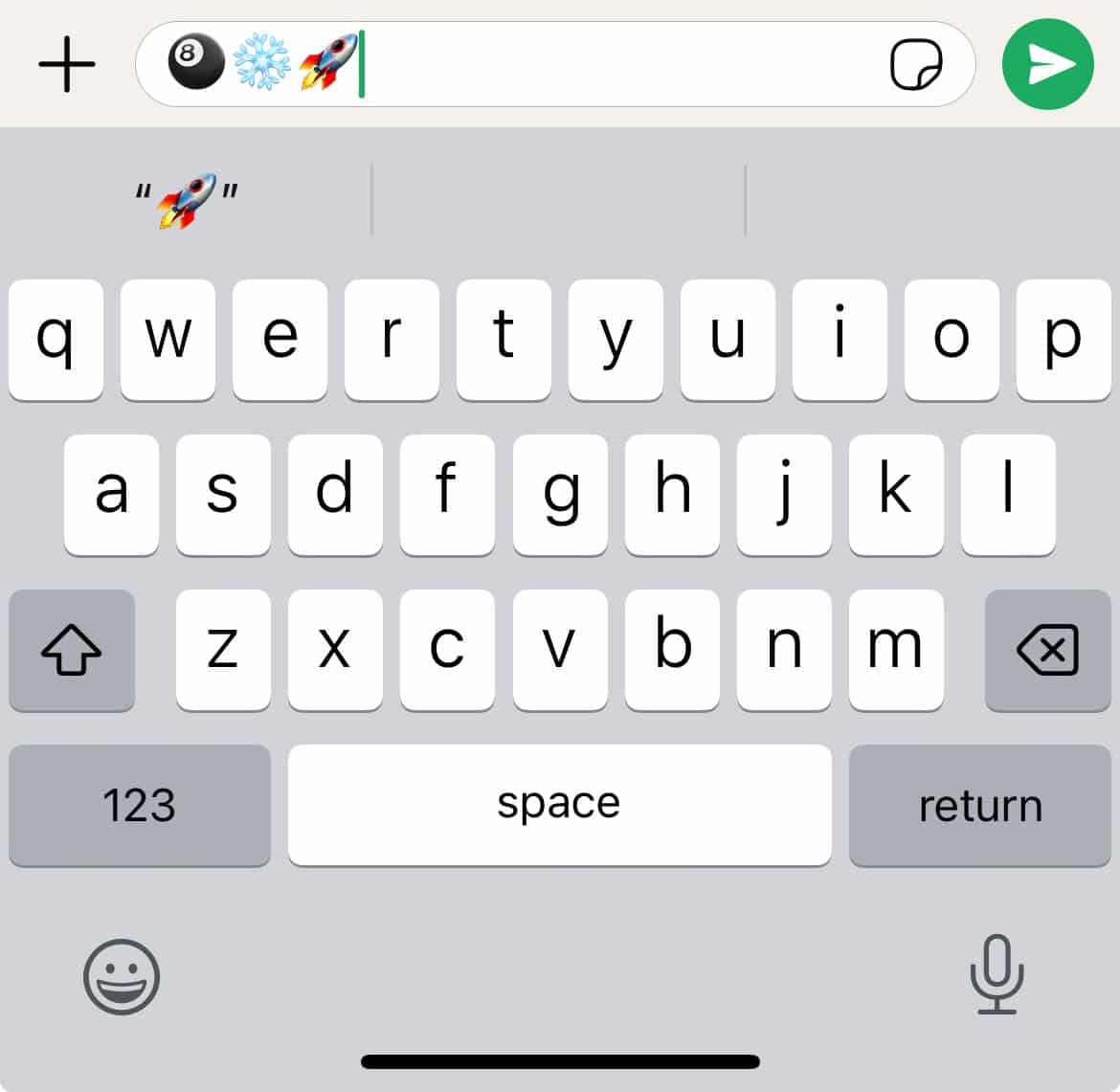 Image shows a WhatsApp screen with three emojis in the text bar - an 8-ball, a snowflake and a rocket. Below the images is the typing pad.