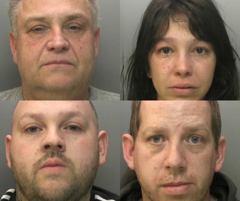 The image shows the mug shots of four people, all of whom are looking into the camera. They are, clockwise from top left, Michael White, Maria Rivas Santos, Craig Brewer and Chris Brewer.