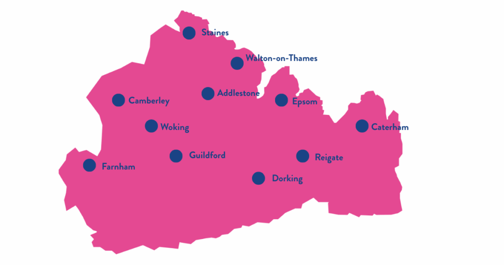 The graphic shows a map of Surrey, in pink. Marked on it are 11 locations in blue. The locations are: Staines; Addlestone; Walton-on-Thames; Epsom; Caterham; Camberley; Woking; Guildford; Reigate; Dorking; and Farnham