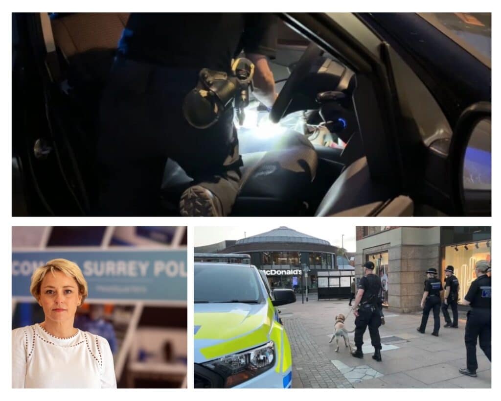 The picture shows three images. The largest, at the top, shows a police officer on his knees inside a car. He has handcuffs at his belt and is looking behind a seat with a torch. At the bottom left is a photograph of Police and Crime Commissioner Lisa Townsend, a blonde woman in a white shirt. She is looking into the camera with a serious expression. Behind her is a large sign, and the words 'Surrey Police' are visible. To the right is an image of officers in uniform walking through Guildford town centre close to a McDonald's. One of the officers has a sniffer dog on a lead.