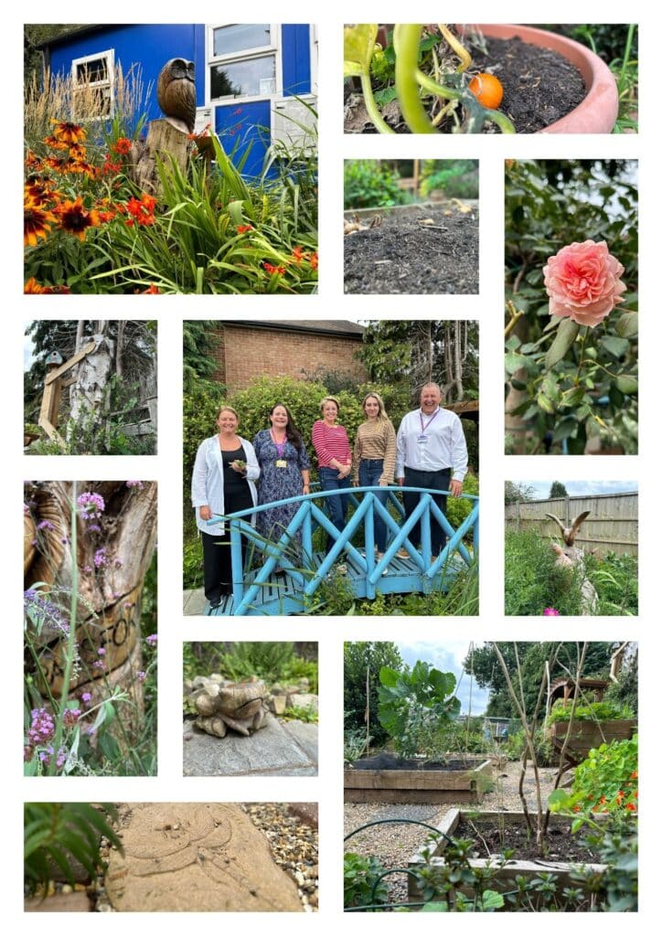 A gallery of images showing a garden. At the centre of the gallery is an image of five people - among them Police and Crime Commissioner Lisa Townsend and Deputy Commissioner Ellie Vesey-Thompson - standing on a bridge. Around that image are pictures of owls and birds carved from wood, a bird house, lillies in a pond, a small pumpkin, roses, a tree carved with the word 'transform' and a rose.