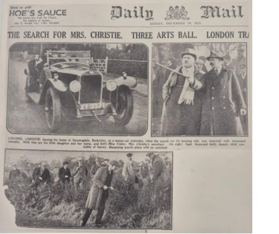 The image shows the front page of the Daily Mail newspaper as it was in December 1926. The front page focuses on the disappearance of crime writer Agatha Christie. The headline reads: "The search for Miss Christie." Images of her husband leaving his home in a car, police in double-breasted coats and hats speaking to each other, and men in flat caps searching through hedges with sticks are visible.