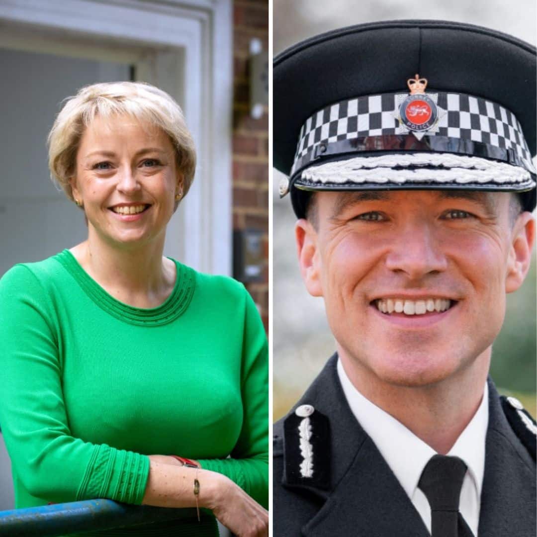 Two images have been placed side by side. On the left is Police and Crime Commissioner Lisa Townsend, a blonde woman in a green, long-sleeved top. She is looking directly at the camera and smiling. On the right is Chief Constable Tim De Meyer. His face is visible, and he is smiling and wearing police uniform, including a hat, a shirt and a tie.
